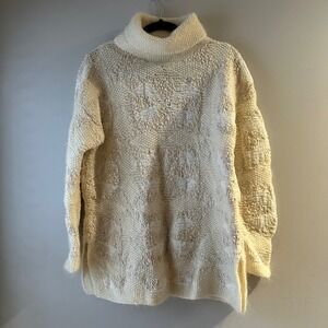 Jones New York Sport Hand Knit Wool Mohair Floral Turtleneck Sweater Cream M
